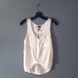 White button-down top. Tied the bottom w/ pockets.