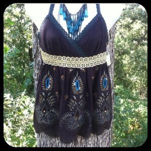 HPBohemian peacock top brown/gold/teal sequin