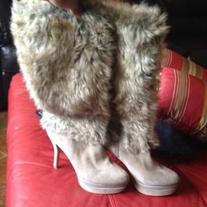 Fergie Knee High Faux fur camel boots
