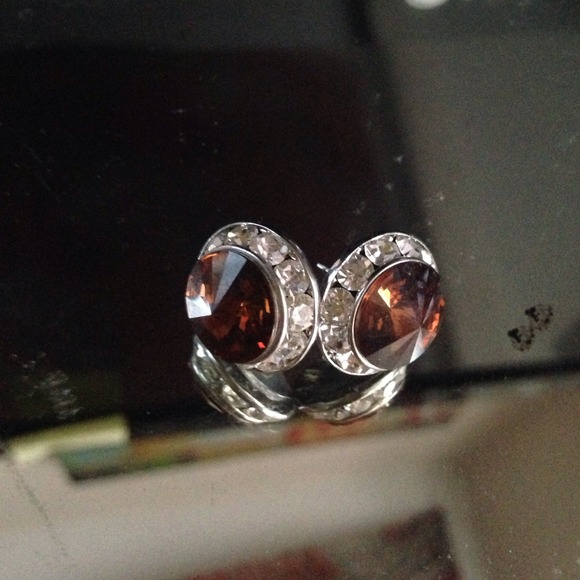 Brown and silver fake diamond earrings