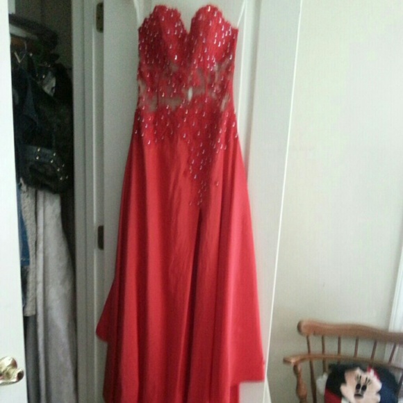 Prom dress: red silk and sheer with rhinestones
