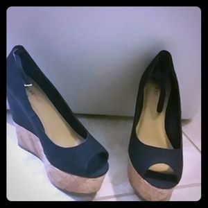 Navy and black blue peep toe wedge