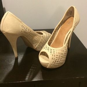 Nude suede platform heels with cutouts