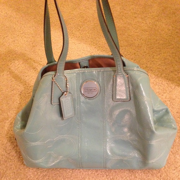 Coach aqua patent leather tote
