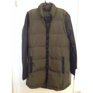 Zara Long Combo Anorak jacket with leather sleeves