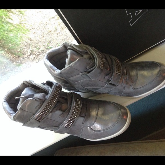 SOLD⭐️MIA Vegan Pewter Studded Wedge Heel Sneakers - Picture 2 of 4