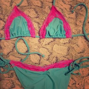 Plunge Blue and Pink Lace Bikini