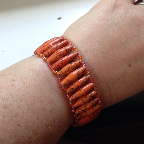 Fair Trade Upcycled Orange Paper Bead Bracelet - Picture 2 of 2