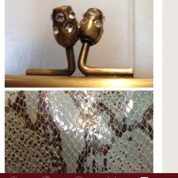 Reptile Snakeskin Leather Satchel w/ Rhinestone Kisslock, Aqua & Black - Picture 2 of 4