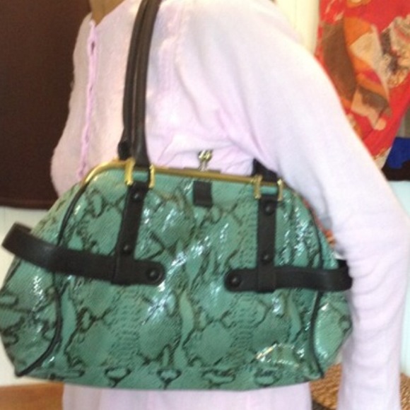 Reptile Snakeskin Leather Satchel w/ Rhinestone Kisslock, Aqua & Black - Picture 3 of 4