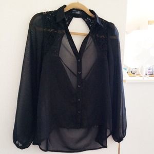 Sheer Chiffon Black Blouse with Open Back & Bow