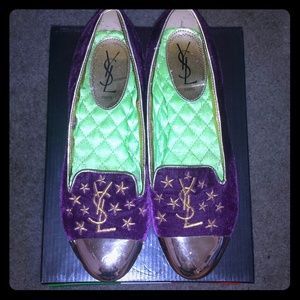 YSL Paris purple velvet gold cap flat loafer shoes