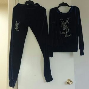 YSL navy velvet swarovski crystal track sport suit