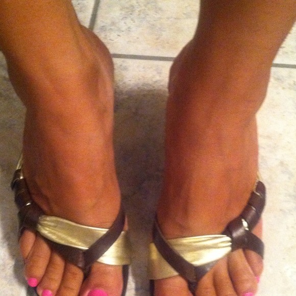 Gold and brown mini heel sandals