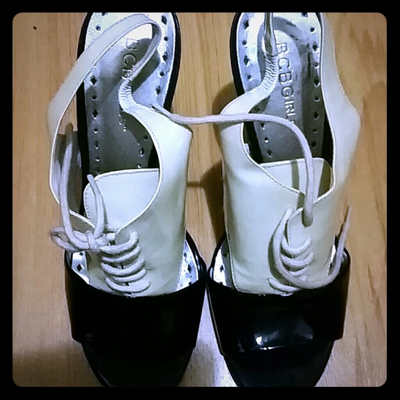BCBG tuxedo open toe heels
