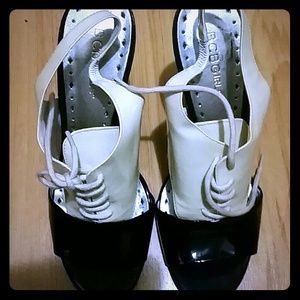 BCBG tuxedo open toe heels