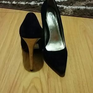 Black suede with gold heel