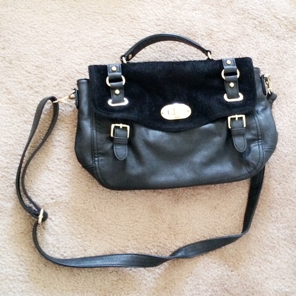 Top Handle Fur Bag w Gold Buckle&Leopard Interior