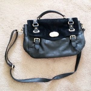 Top Handle Fur Bag w Gold Buckle&Leopard Interior