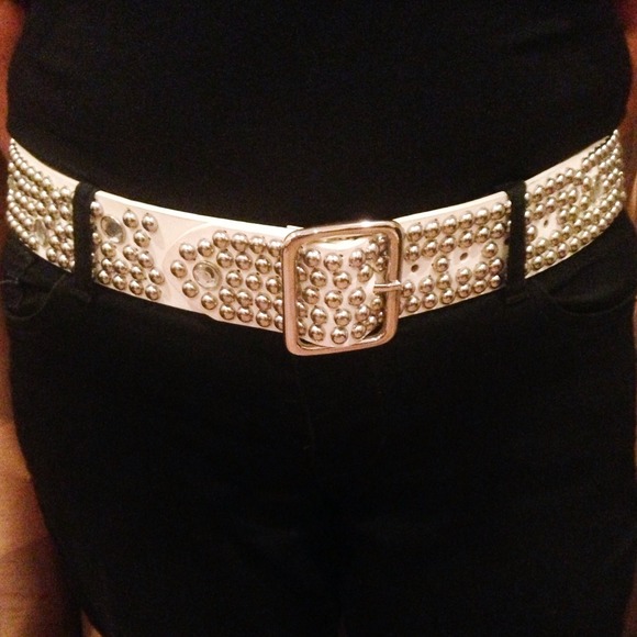 White leather belt with silver and crystal studs