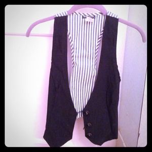 Black vest with a grey and white striped back