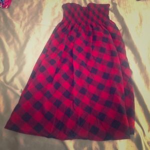 Red plaid strapless dress