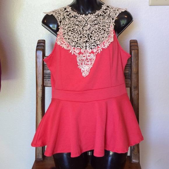 Coral peplum top with Crochet lace detail