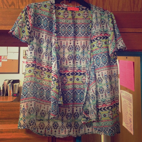 Sheer multi patterned short sleeved cardigan