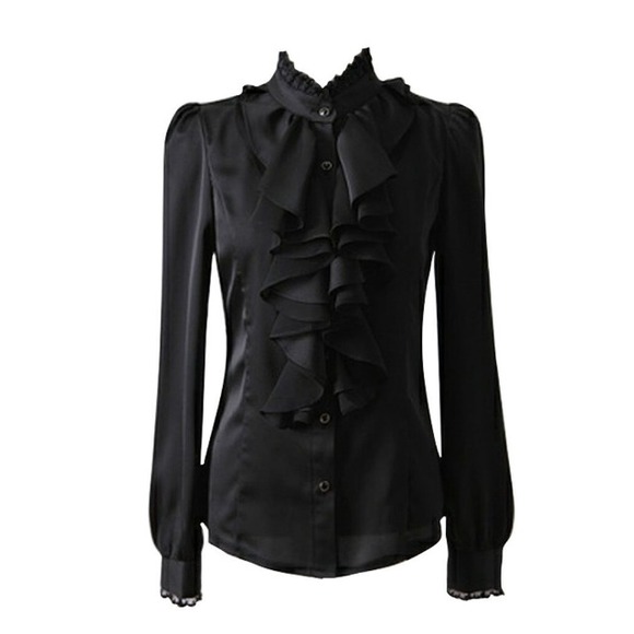 Black Silk Ruffle Neck Long Sleeve Blouse