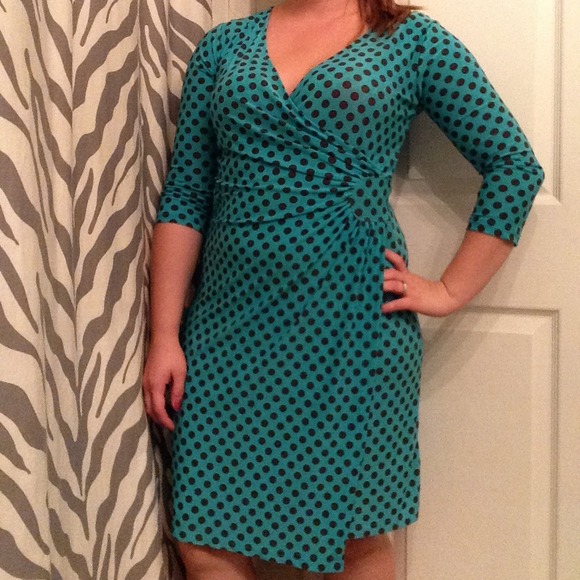 Teal and brown knee length wrap dress