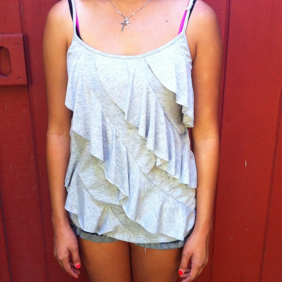 Heather grey ruffled spaghetti strap.
