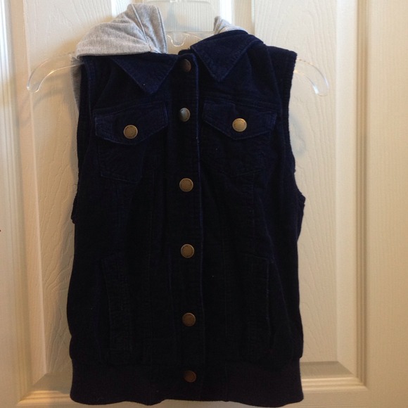 SOLD Navy blue corduroy vest with detachable hood