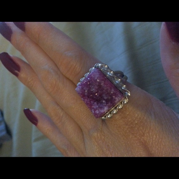 PINK DRUZY GEMSTONE RING, SIZE 8. SILVER PLATED - Picture 2 of 4
