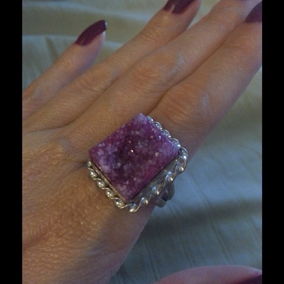 PINK DRUZY GEMSTONE RING, SIZE 8. SILVER PLATED - Picture 3 of 4