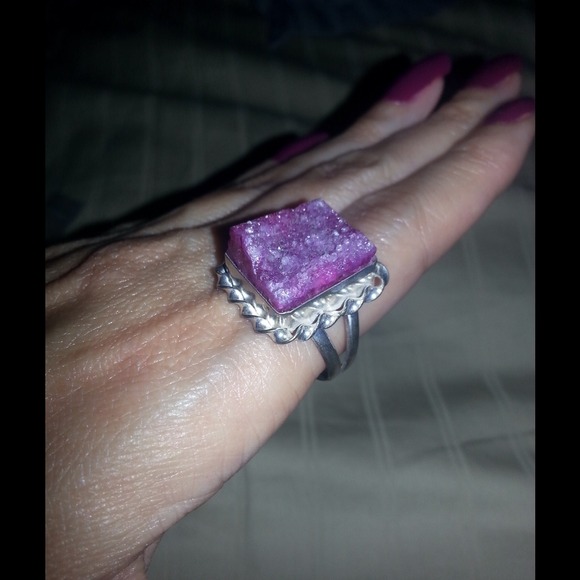 PINK DRUZY GEMSTONE RING, SIZE 8. SILVER PLATED - Picture 4 of 4