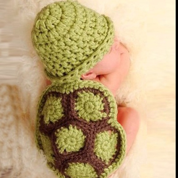 Cute little handmade crochet turtle costume.