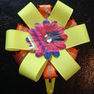 Neon Yellow Hair Clip w/matching Ribbons &  Flower