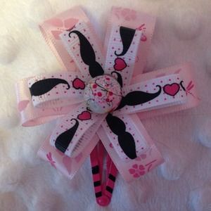 Pink Hair Clip with 2 Ribbons & Ball in Center