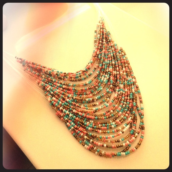 Pink, Teal & Gold beaded necklace