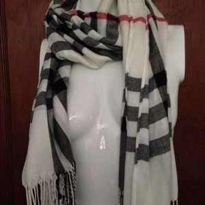 Light weight black, white and red scarf