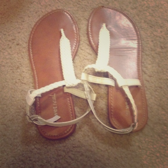 White braided t strap sandals