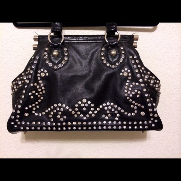 Black leather rhinestone bag