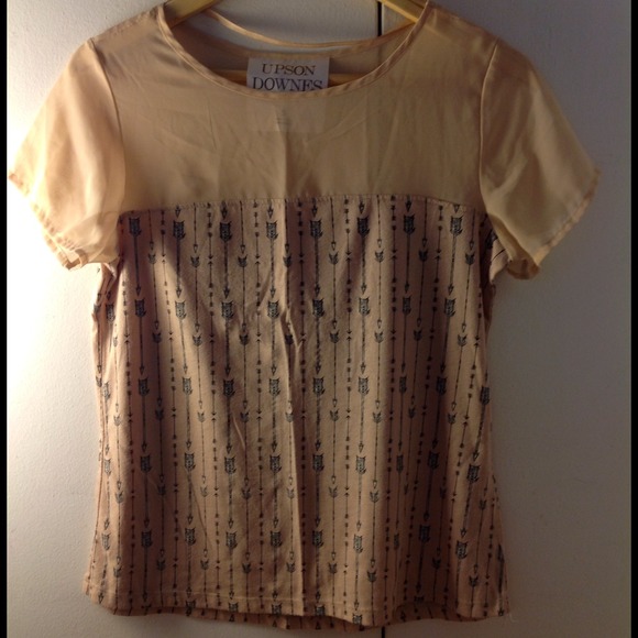 Blush with black arrow print shirt.