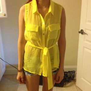yellow sheer button up shirt