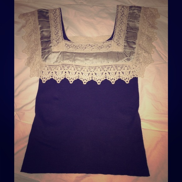 Anthropologie navy knit shirt with lace/silk