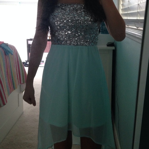 Light blue hi-low dress with silver ciquins
