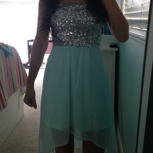 Light blue hi-low dress with silver ciquins