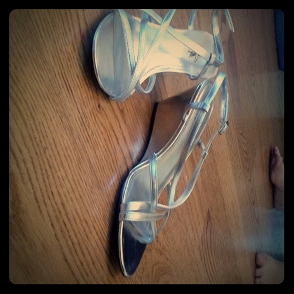 Metallic silver wedge sandal heels