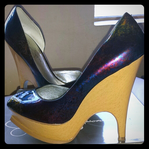 Patent  blue multi floral heels