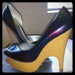 Patent  blue multi floral heels